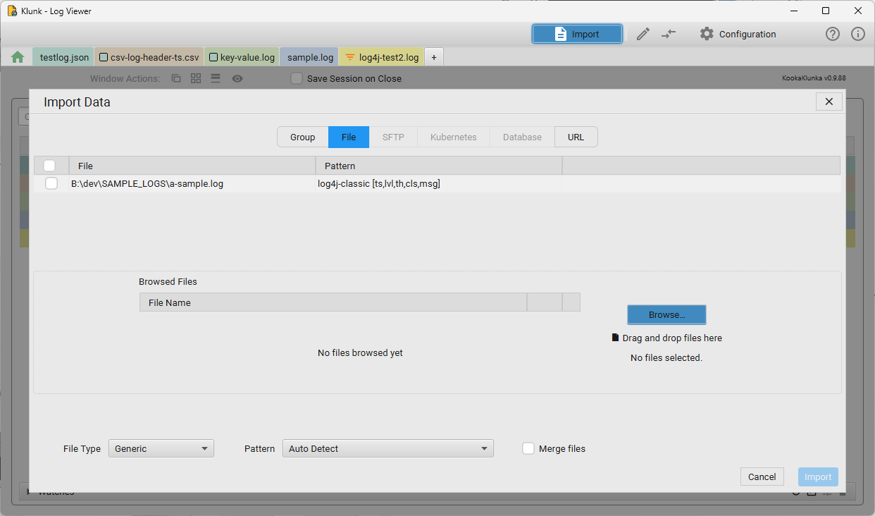 Import Data dialog with File/SFTP/Kubernetes/Database/URL tabs, browse/drag-drop area, and File Type / Pattern / Merge files options