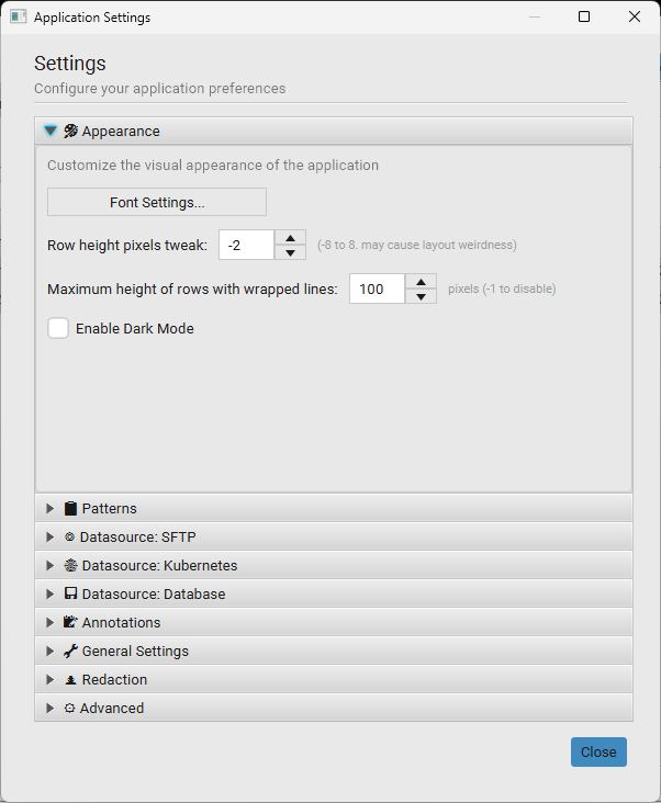 Application Settings accordion listing Appearance, Patterns, Datasource: SFTP, Datasource: Kubernetes, Datasource: Database, Annotations, General Settings, Redaction, and Advanced