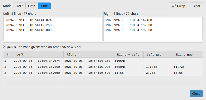 Compare window in Time mode: three timestamps on each side and a table with each pair's difference and the gaps between consecutive timestamps