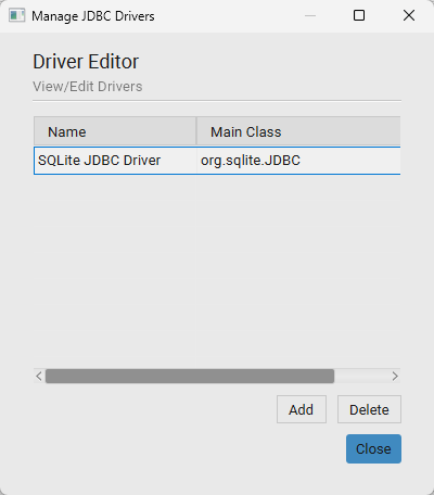Driver Editor listing registered JDBC drivers by Name and Main Class, with Add / Delete buttons