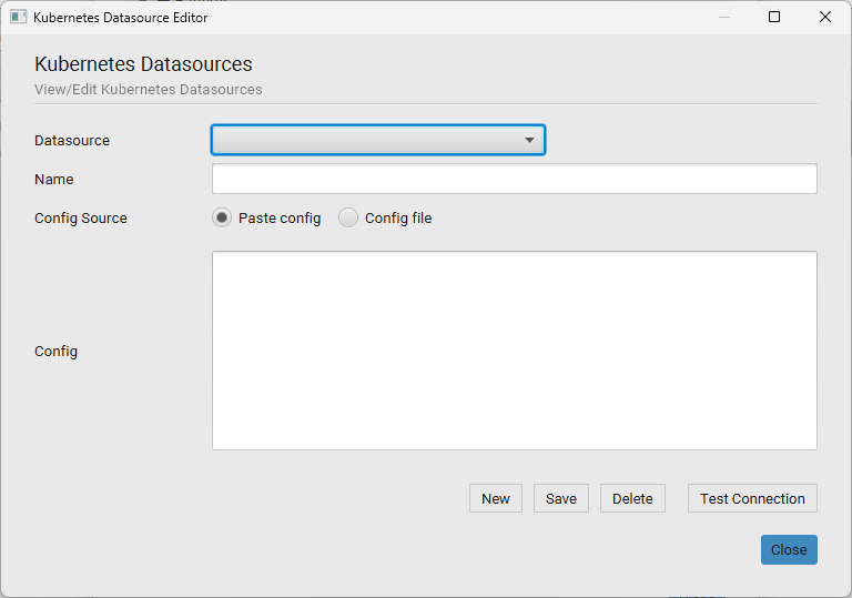Kubernetes Datasource Editor with a Name field, Paste config / Config file radio buttons, and a Config text area