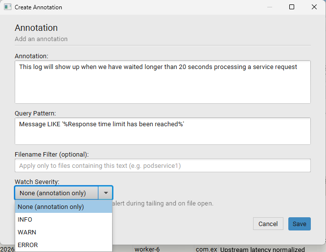 Create Annotation dialog with description text area, Query Pattern, Filename Filter, and a Watch Severity dropdown