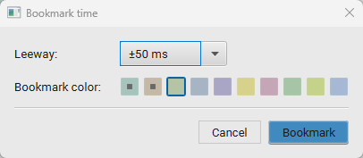 Bookmark time dialog with a leeway dropdown and a row of bookmark color swatches