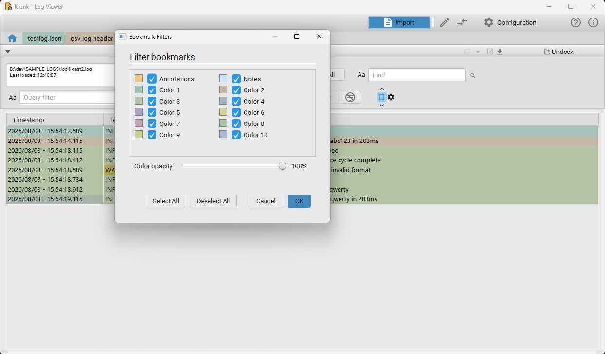 Bookmark Filters dialog listing Annotations, Notes, and Color 1–10 with checkboxes, plus Select All / Deselect All
