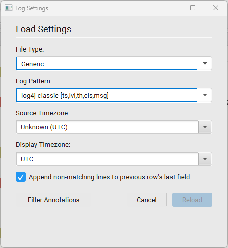 Load Settings dialog: File Type, Log Pattern, Source Timezone, Display Timezone, an Append non-matching lines checkbox, and Filter Annotations / Cancel / Reload buttons
