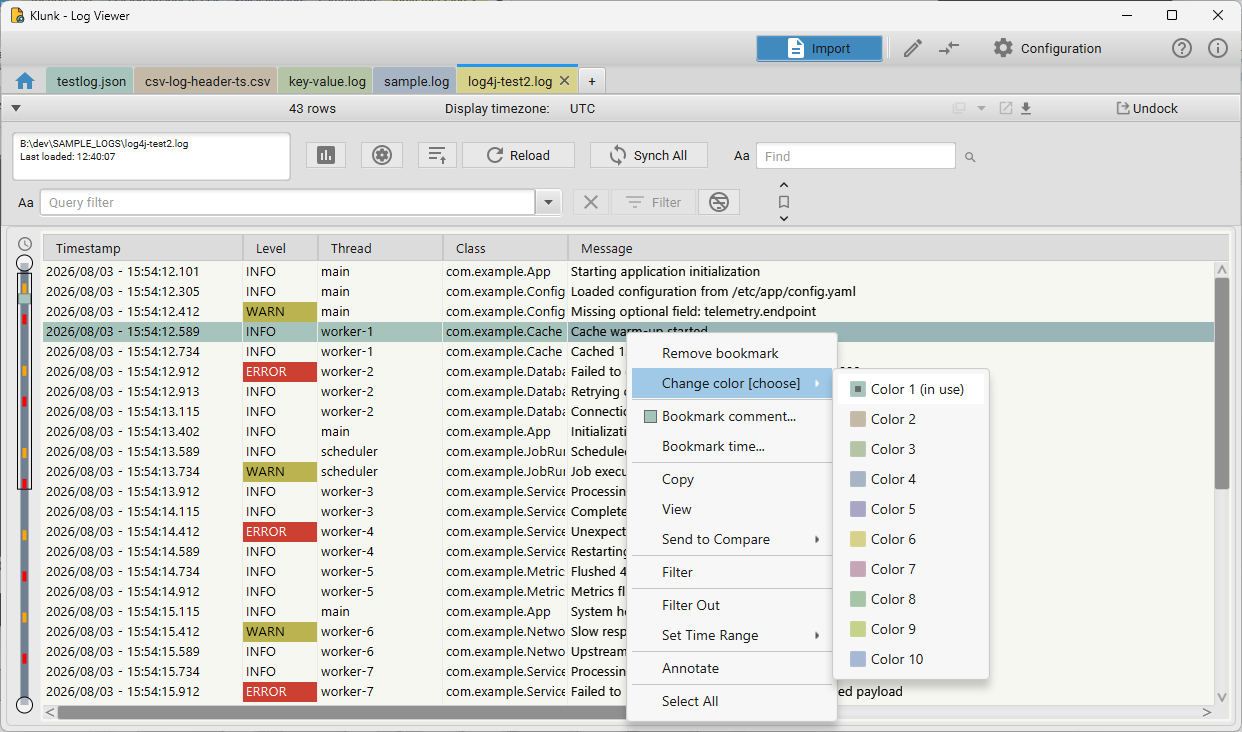 Row context menu with Bookmark, Bookmark [choose color] color palette, Bookmark time…, Copy, View, Filter, Filter Out, Annotate, Select All
