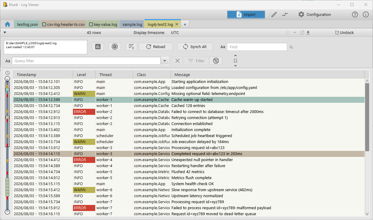 Log viewer showing a loaded file with level colors, a query filter, and the time slider