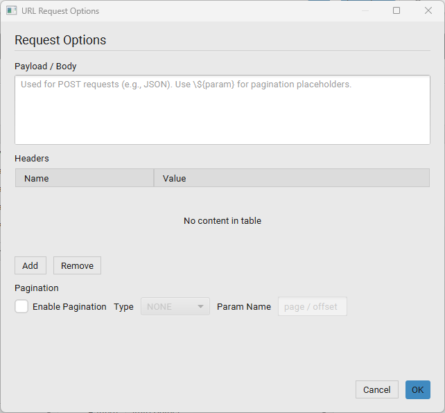 URL Request Options dialog with a Payload/Body text area, a Name/Value Headers table with Add/Remove buttons, and an Enable Pagination checkbox with Type and Param Name fields