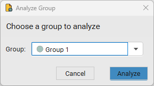 Analyze Group dialog with a Group dropdown and Analyze / Cancel buttons