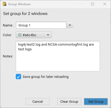 Group Windows dialog with a group name, color swatch, and Save group for later reloading checkbox