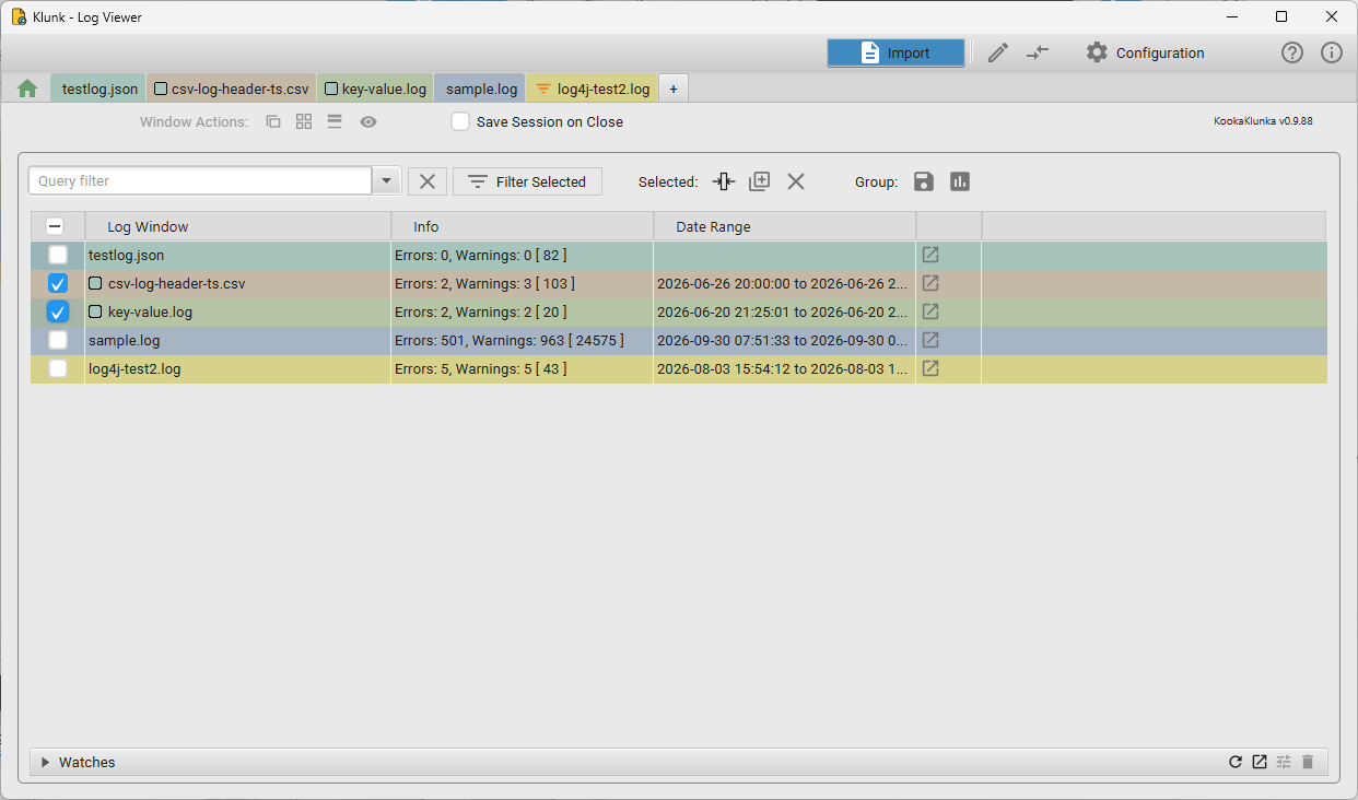 Log Manager with one open viewer, its info summary, and the toolbar row (query filter, Filter Selected, Selected: actions, Group)