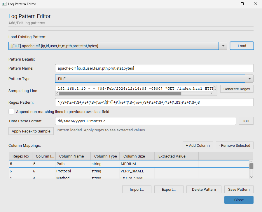 Log Pattern Editor with a loaded FILE pattern, its regex, ISO timestamp format, and a populated Column Mappings table