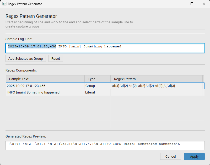 Regex Pattern Generator with a sample log line, a Regex Components table, and a live Generated Regex Preview