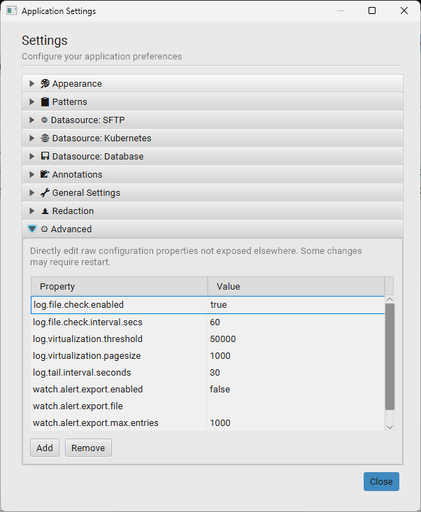 Advanced settings: a Property/Value table showing log.file.check.enabled, log.file.check.interval.secs, log.virtualization.threshold, log.virtualization.pagesize, log.tail.interval.seconds, and watch.alert.* properties