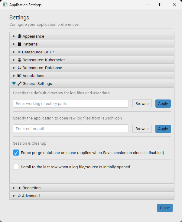General Settings panel: working directory, external editor path, Force purge database on close, and Scroll to last row checkboxes