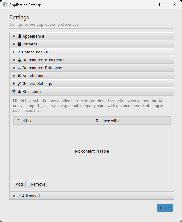 Redaction panel with a Find text / Replace with table and Add / Remove buttons