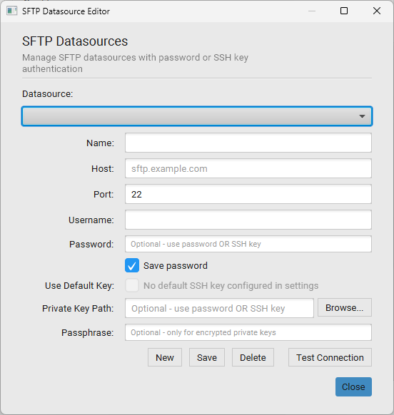 SFTP Datasource Editor with host/port/username/password fields and Private Key Path / Passphrase fields